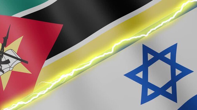 Two waving flags Mozambique and Israel with diagonal lightning seamless, 4k loop