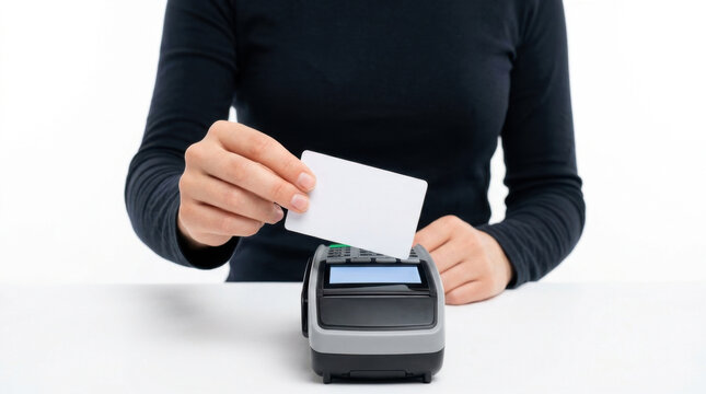 Payment credit card card reader contactless transaction customer checkout retail terminal cashless payment, customer hand holding blank credit card near card reader terminal white background