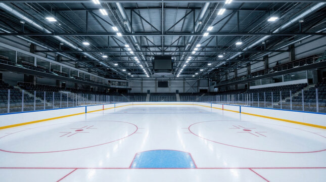 Ice rink hockey rink arena stadium empty indoor ice sport scoreboard lighting, empty indoor ice arena with hockey rink, bright ceiling lighting, central scoreboard, glass boards, seating stands