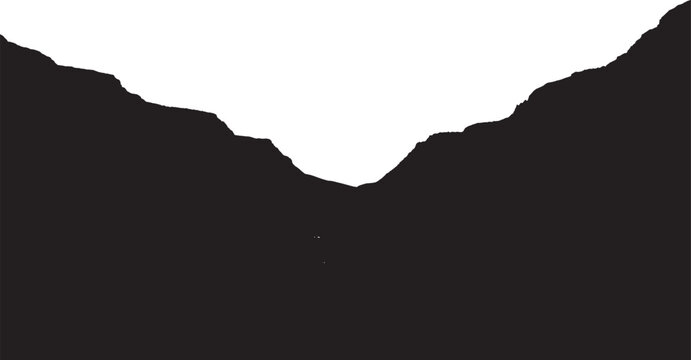 Black silhouette of rugged mountain peaks and a deep valley canyon isolated on transparent background, Vector