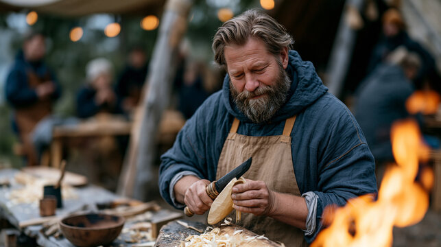 Craftsman carving greenwood spoon beside outdoor fire, Scandinavian-style mora knife peeling thin curls from willow blank, forest clearing behind, workshop participants watching