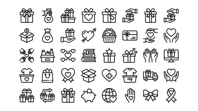 Line style icons of gifts hearts and hands on transparent background for charity donation and love concepts  various symbols for kindness generosity and affection