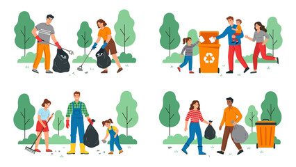 Fototapeta premium Volunteers and families work together in a park to clean up trash and promote environmental care.