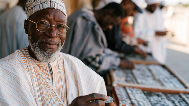 Nigerian coin collector at a Saturday market examining a rare hammered silver piece held up to outdoor light, the dealer watching from behind a table covered in sorted trays,