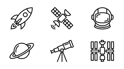 Astronaut in space with rocket, satellite, planet, telescope, and spacecraft icons. © Tembok