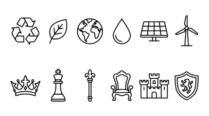 Line icons depict eco friendly symbols and chess pieces with royal and protective emblems. © Tembok