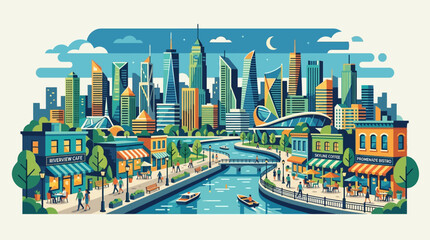 Fototapeta premium Panoramic view of a modern fictional metropolitan skyline with tall skyscrapers and urban architecture