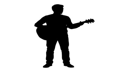 Musician stands in a solid black silhouette while holding an acoustic guitar to perform music. © Adam