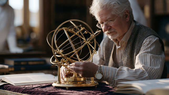 Vintage scientific instrument dealer photographing orrery mechanism for auction listing, polished brass planetary arms catching studio strobe, graduated velvet display surface,