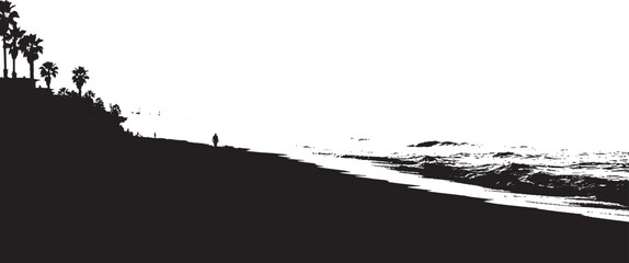 Obraz premium Black and white silhouette of a person walking on a beach with palm trees on a cliff by the ocean waves isolated on transparent background, Vector