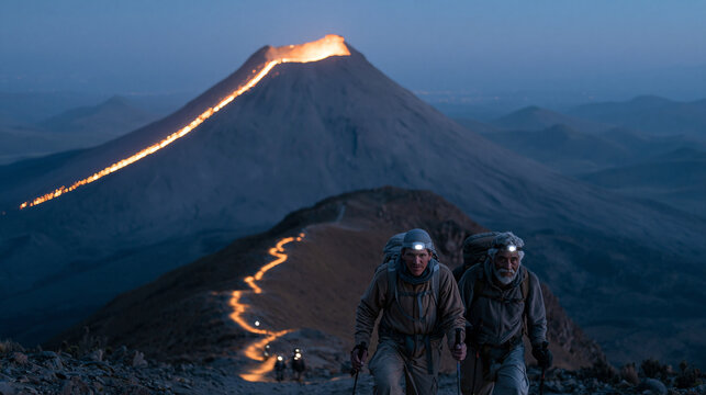 Peruvian couple ascending volcano under headlamp light before dawn, switchback trail glowing below them with other hikers' lights, crater glow visible above, multi-generational