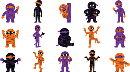 Naklejka premium Halloween mummy cartoon character set, 15 cute mummy icons in purple and orange, spooky monster vector illustrations for kids party decor