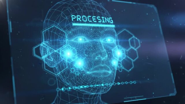 Three-quarter frontal wireframe human head in cyan mesh lines on dark blue background, showing active processing, bright forehead, glowing eyes and progress indicator within sleek futuristic interface