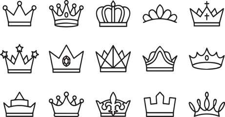 Set of fifteen hand drawn outline crowns and tiaras, queen and king crown icon collection. © abdullah