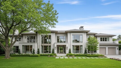 Fototapeta premium Grand white colonial mansion with manicured green lawn.