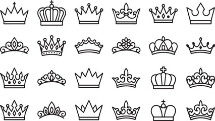 Set of twenty-five hand drawn outline crowns and tiaras, queen and king crown icon collection. © abdullah