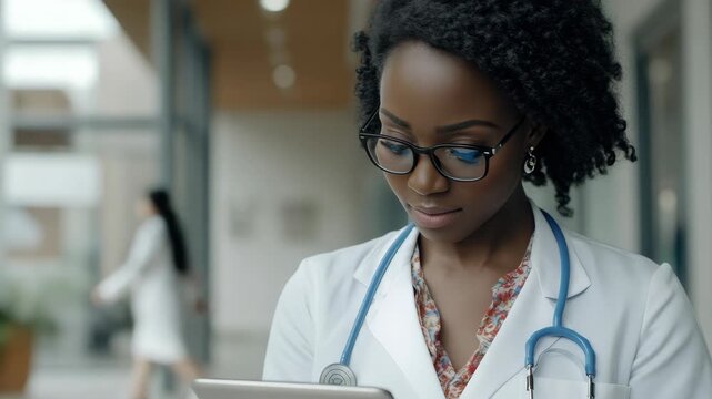 Young female healthcare professional wearing a white coat and glasses, focused on reading notes or an electronic device in an office setting.