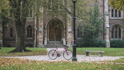Fototapeta premium Pink Bicycle Parked in Front of a Historic University Building in Autumn