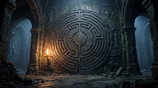 A cinematic, ultra-detailed photograph of a dark stone dungeon chamber, featuring a massive ancient circular labyrinth relief door illuminated by a flickering torch on the wall.