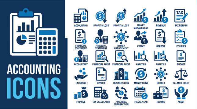  Accounting icon set for financial statement profit loss money management tax audit business revenue and budget planning vector