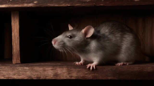 A single gray rat standing atop a wooden structure with visible whiskers and attentive gaze.