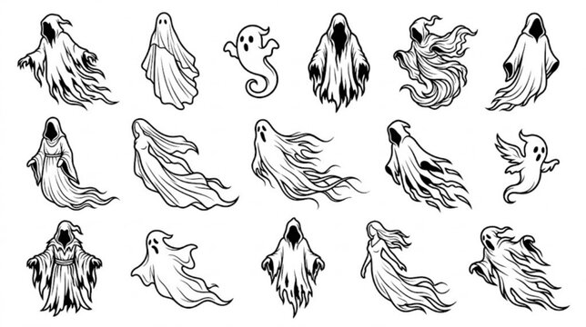Vintage halloween ghost illustrations set spooky specters ethereal apparitions black and white line art graphics