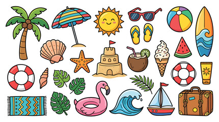 Hand drawn doodle beach and surf vector illustration set. Tropical coastal elements like palm trees, waves, surfboards, and sun perfect for summer designs, t-shirts, posters, and placard prints. © Vova