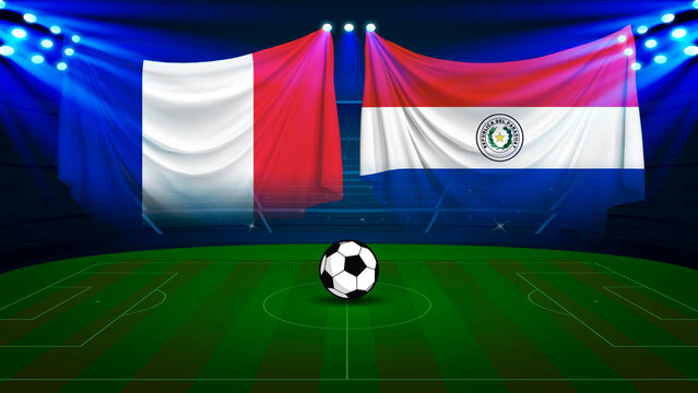 French and Paraguayan flags hanging on soccer stadium with ball on green field