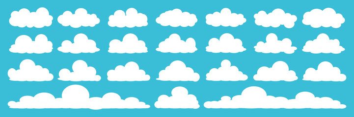 Fototapeta premium set of vector illustrations of clumpy clouds, cloud bubbles in flat style on a blue background