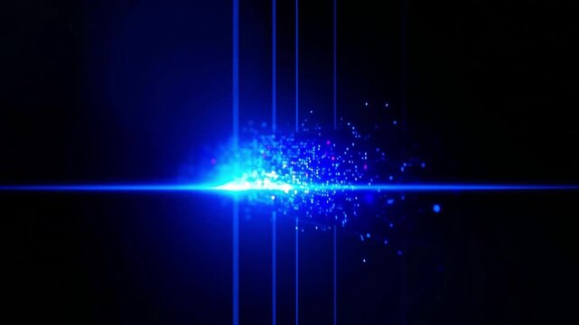 ​A cinematic 3D animation visualizing high-speed data transmission and digital information flow. The scene features a intense, glowing beam of light propelling forward