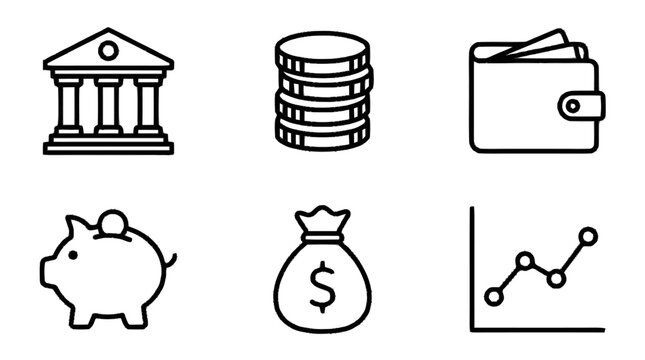 Financial icons including a bank, coins, wallet, piggy bank, money bag, and graph