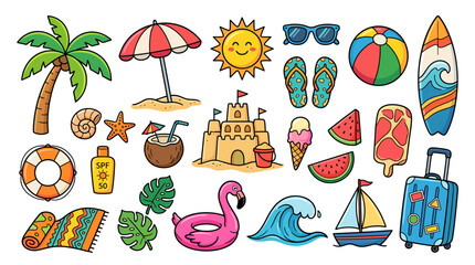 Hand drawn doodle beach and surf vector illustration set. Tropical coastal elements like palm trees, waves, surfboards, and sun perfect for summer designs, t-shirts, posters, and placard prints. © Vova