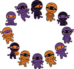 Fototapeta premium Kawaii Halloween mummy wreath illustration, cute cartoon mummy characters in purple and orange, spooky circular frame border for invitations