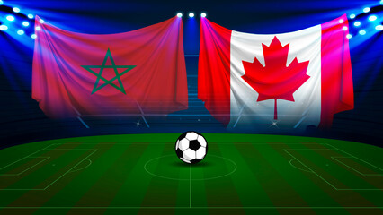 Naklejka premium Morocco and Canada flags with soccer ball on green field
