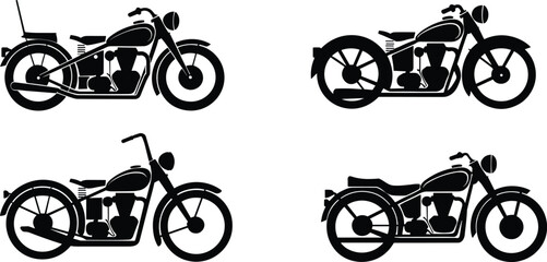 Classic motorcycle silhouette icons collection, vintage chopper bikes vector illustration isolated transportation design set © Al