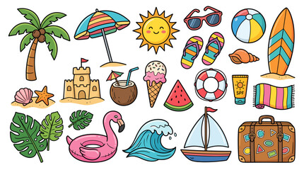 Hand drawn doodle beach and surf vector illustration set. Tropical coastal elements like palm trees, waves, surfboards, and sun perfect for summer designs, t-shirts, posters, and placard prints. © Vova