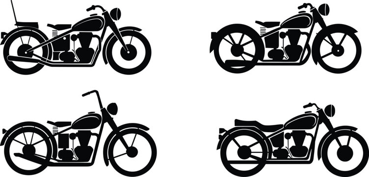Classic motorcycle silhouette icons collection, vintage chopper bikes vector illustration isolated transportation design set