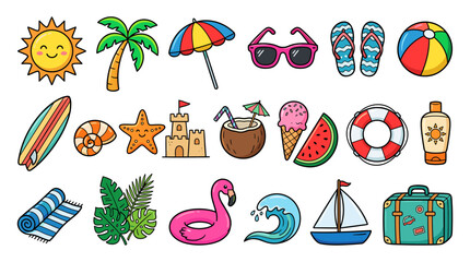 Hand drawn doodle beach and surf vector illustration set. Tropical coastal elements like palm trees, waves, surfboards, and sun perfect for summer designs, t-shirts, posters, and placard prints. © Vova