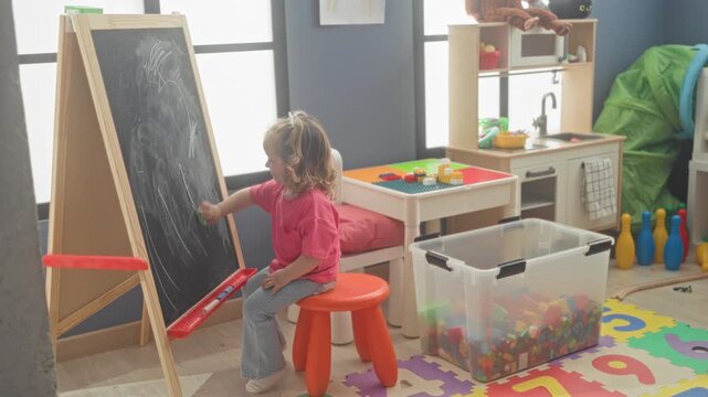 Girl erases chalkboard with a green eraser beside toy kitchen and plastic bin in a bright playroom with foam mat and stool; playful learning.