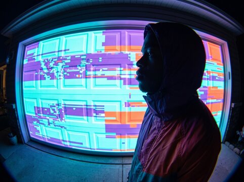Person Watching Glitching Digital Screen Display