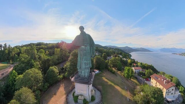 Aerial View of San Carlone Statue Overlooking Lake Maggiore in Arona