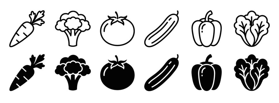 Collection of simple vector icons representing fresh vegetables, including carrots, broccoli, tomatoes, cucumbers, bell peppers, and lettuce