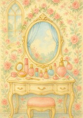 Obraz premium Vintage vanity floral wallpaper elegance.