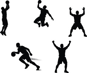 Basketball Player Silhouette Set with Shooting Dunking Dribbling Defense and Celebration Poses Illustration © MD