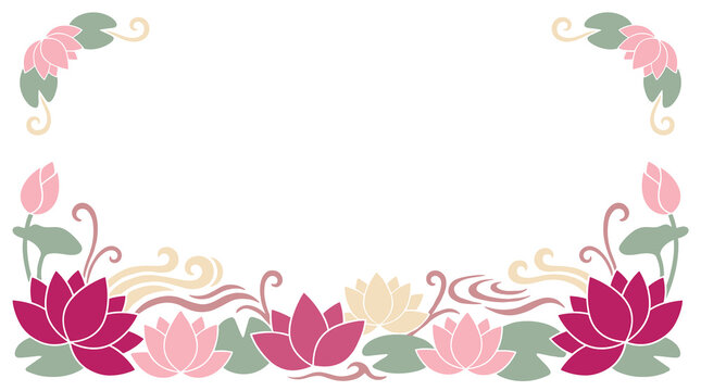 delicate floral border with lotus flowers, leaves and swirls in pink, purple and green, perfect for invitations or decorative frames