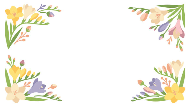 floral border with freesia flowers in pastel yellow, cream, pink, and lavender, decorative corner elements for invitation or greeting card