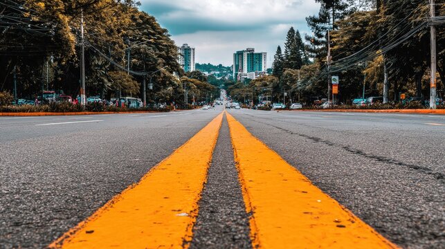 Double bright yellow lane markings guide traffic down an urban boulevard toward distant high rise structures