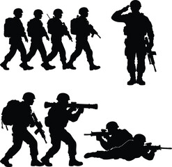 Naklejka premium Military Soldier Silhouette Set with Patrol Salute Tactical Combat and Defense Action IllustrationMilitary Soldier Silhouette Set with Patrol Salute Tactical Combat and Defense Action Illustration