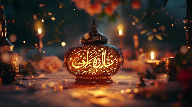 A traditional lantern featuring Islamic calligraphy illuminated by flickering flames, surrounded by roses on a dark surface.