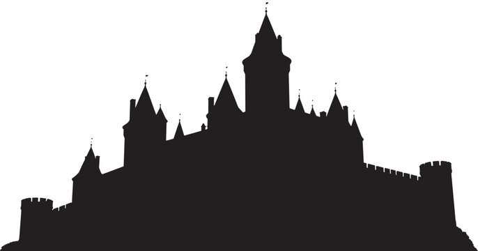 Black silhouette of a large medieval castle with towers and stone walls isolated on transparent background, Vector